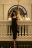 Chic Sheath Straps Black Satin Prom Dresses With Beads Birthday Dress