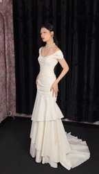 Chic Mermaid White Bridal Shower Dress Chiffon Off-Shoulder Long Evening Dress