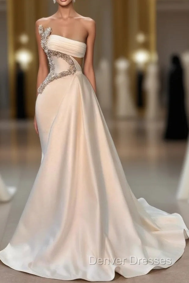 Chic Strapless Sleeveless Waist Hollow Beaded Empire Ruched Satin Prom Dress Main image
