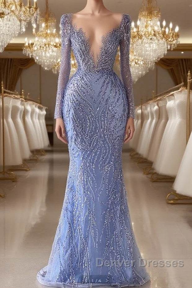 Chic V-Neck Long Sleeves Mermaid Prom Dress with Beads Main image