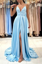 Chic V-Neck Sleeveless Satin Evening Dress With Slit Long Blue
