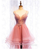 Chic V-neckline Lace Applique Tulle High Low Straps Homecoming Dress, Tulle Short Prom Dress