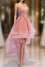 Chic V-neckline Lace Applique Tulle High Low Straps Homecoming Dress, Tulle Short Prom Dress