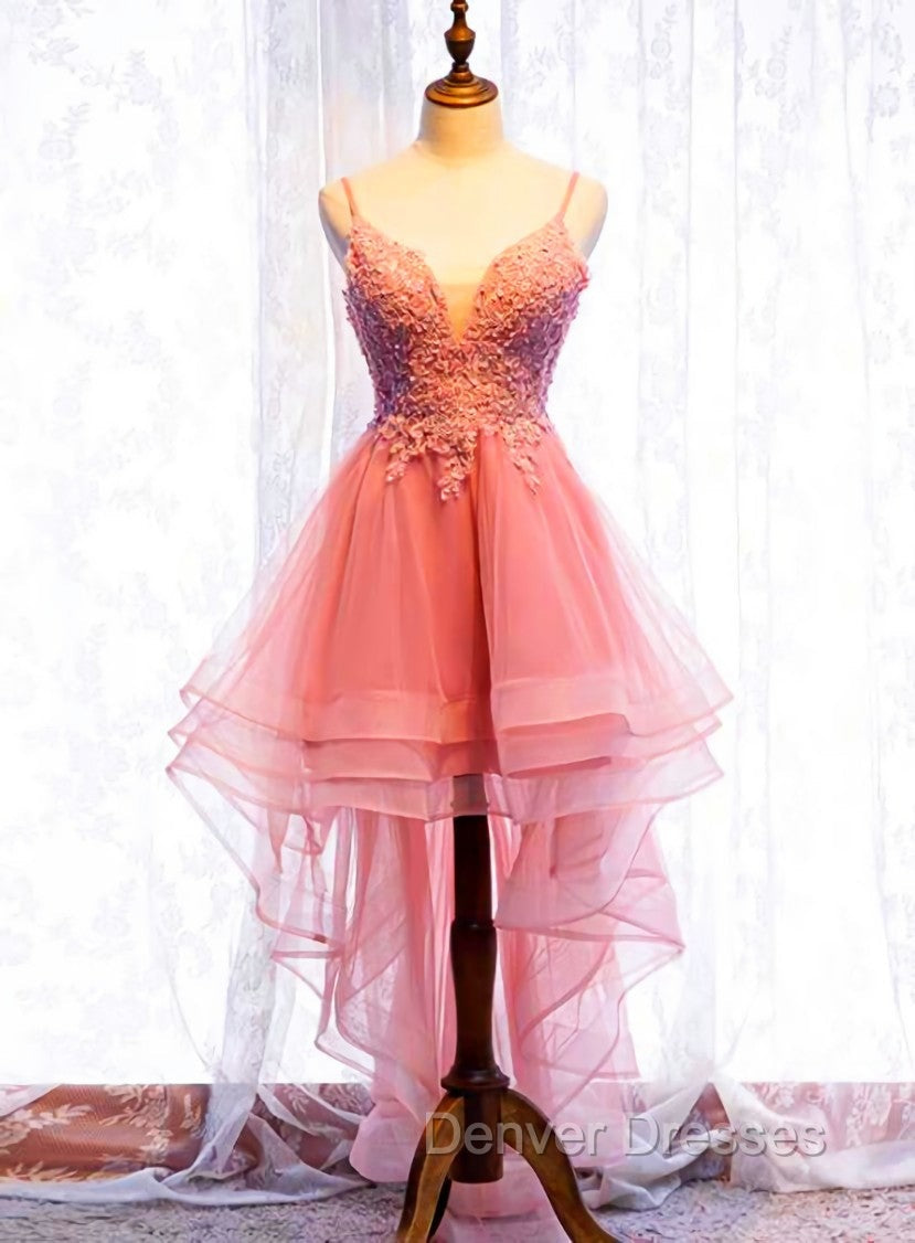 Chic V-neckline Lace Applique Tulle High Low Straps Homecoming Dress, Tulle Short Prom Dress Main image