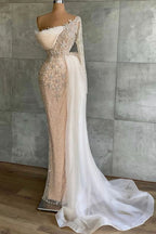 Chic White Mermaid Prom Dress With Appliques And Beaded Long Sleeves
