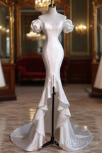 Chic White Satin Sweetheart Beaded Wedding Party Dress, White Satin Formal Dress