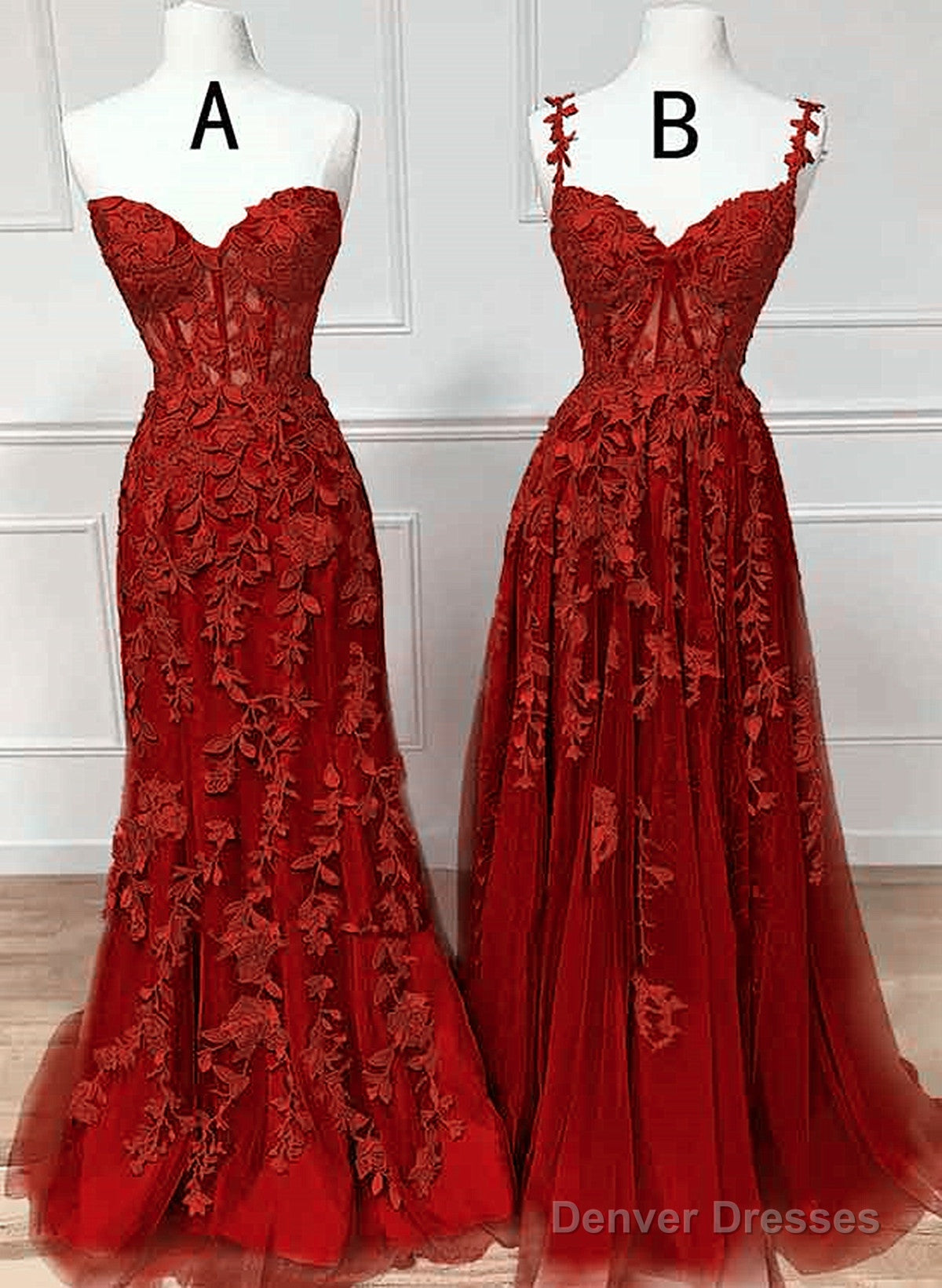 Chic Wine Red Lace And Tulle Sweetheart Party Dress, Wine Red Long Prom Dress Main image