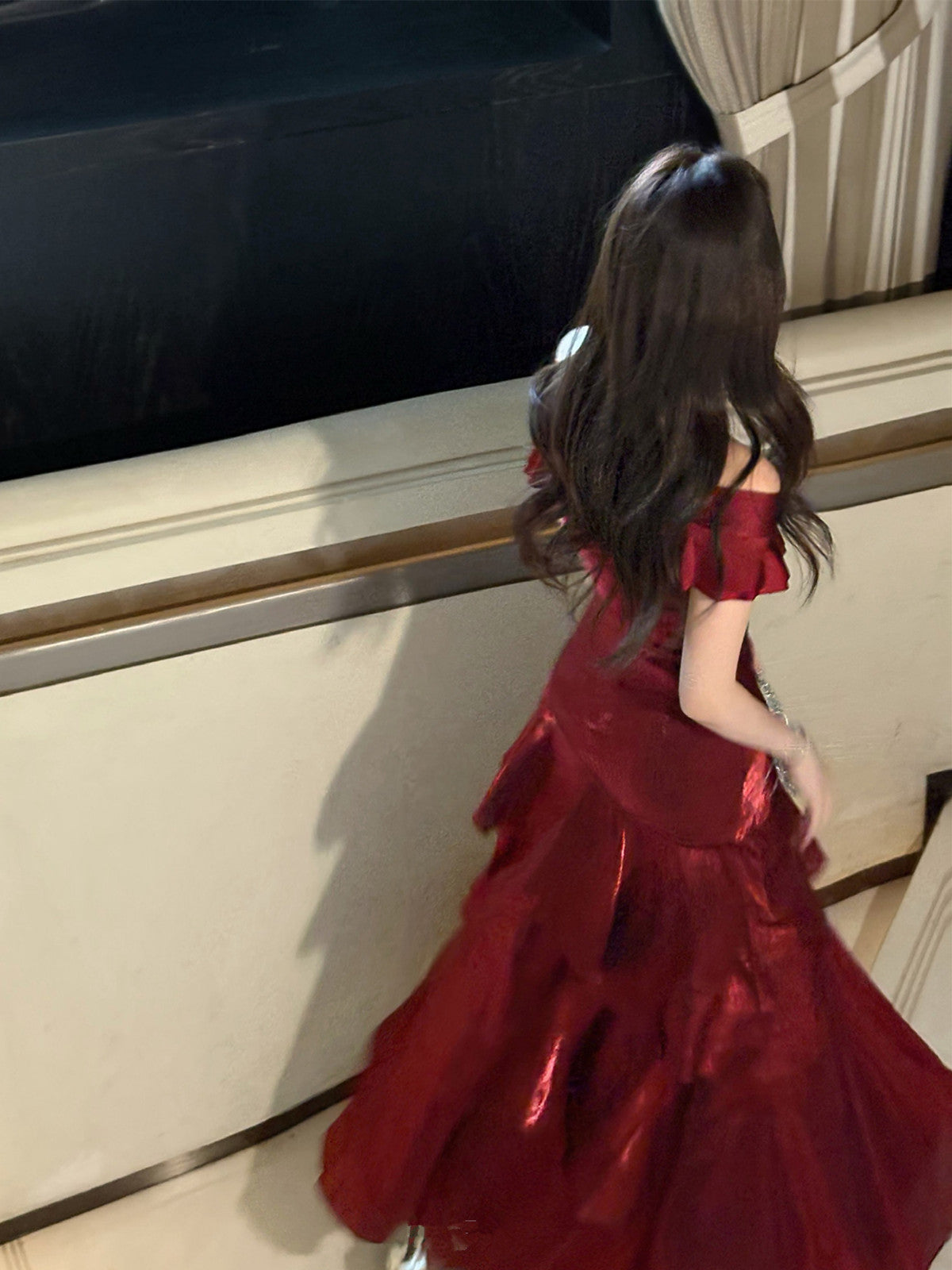 Chic Wine Red Off Shoulder Satin Layers Long Prom Dress, Wine Red V-Neckline Evening Dress Secondary image