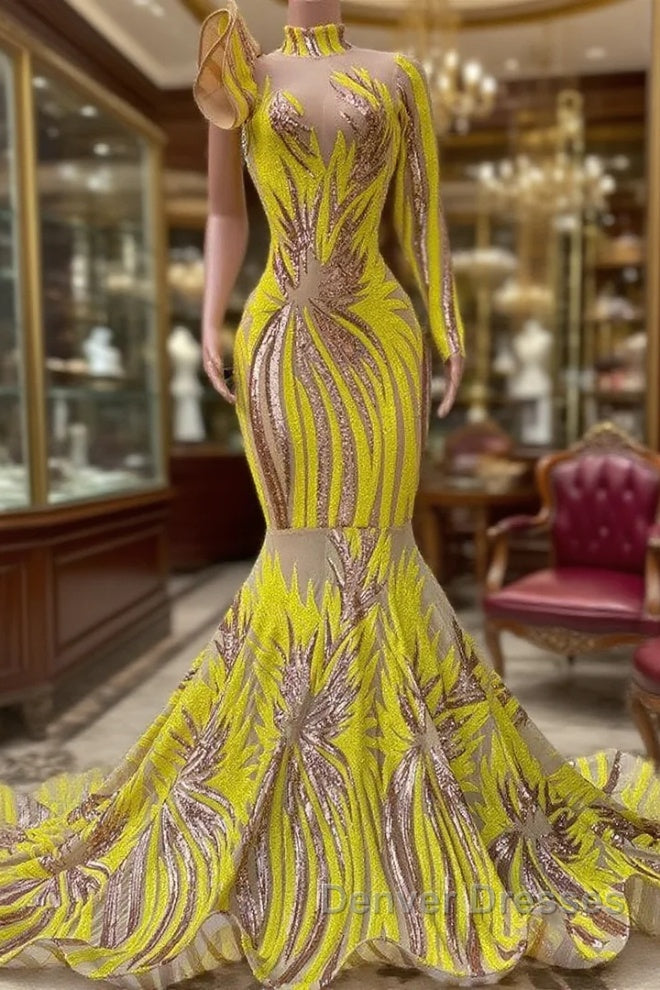 Chic Yellow Long Mermaid High Neck Tulle Lace Prom Dress with Sleeves
