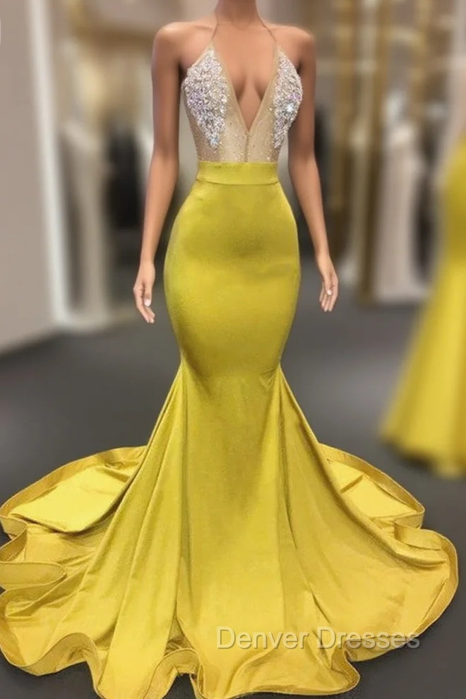 Chic Yellow Sleeveless Crystals Sheer Tulle Prom Dress New Arrival Mermaid Formal Evening Gowns Main image