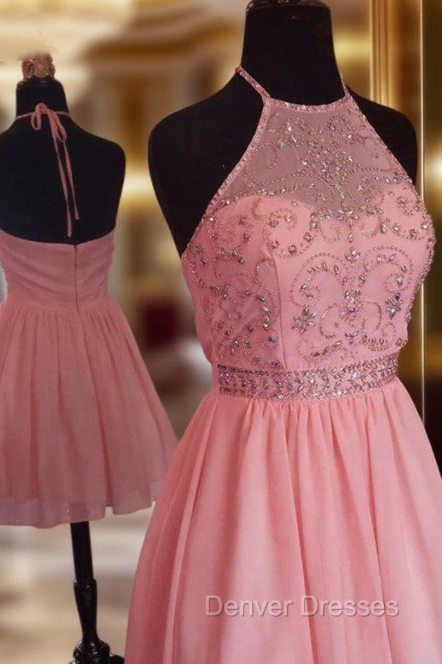 Chiffon Halter Short Dress with Bead Deets