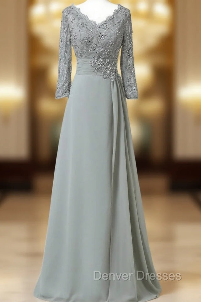 Chiffon Lace 3/4 Sleeve Double V Neck Grey Beading Mother of the Bride Dress