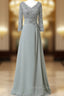 Chiffon Lace 3/4 Sleeve Double V Neck Grey Beading Mother of the Bride Dress
