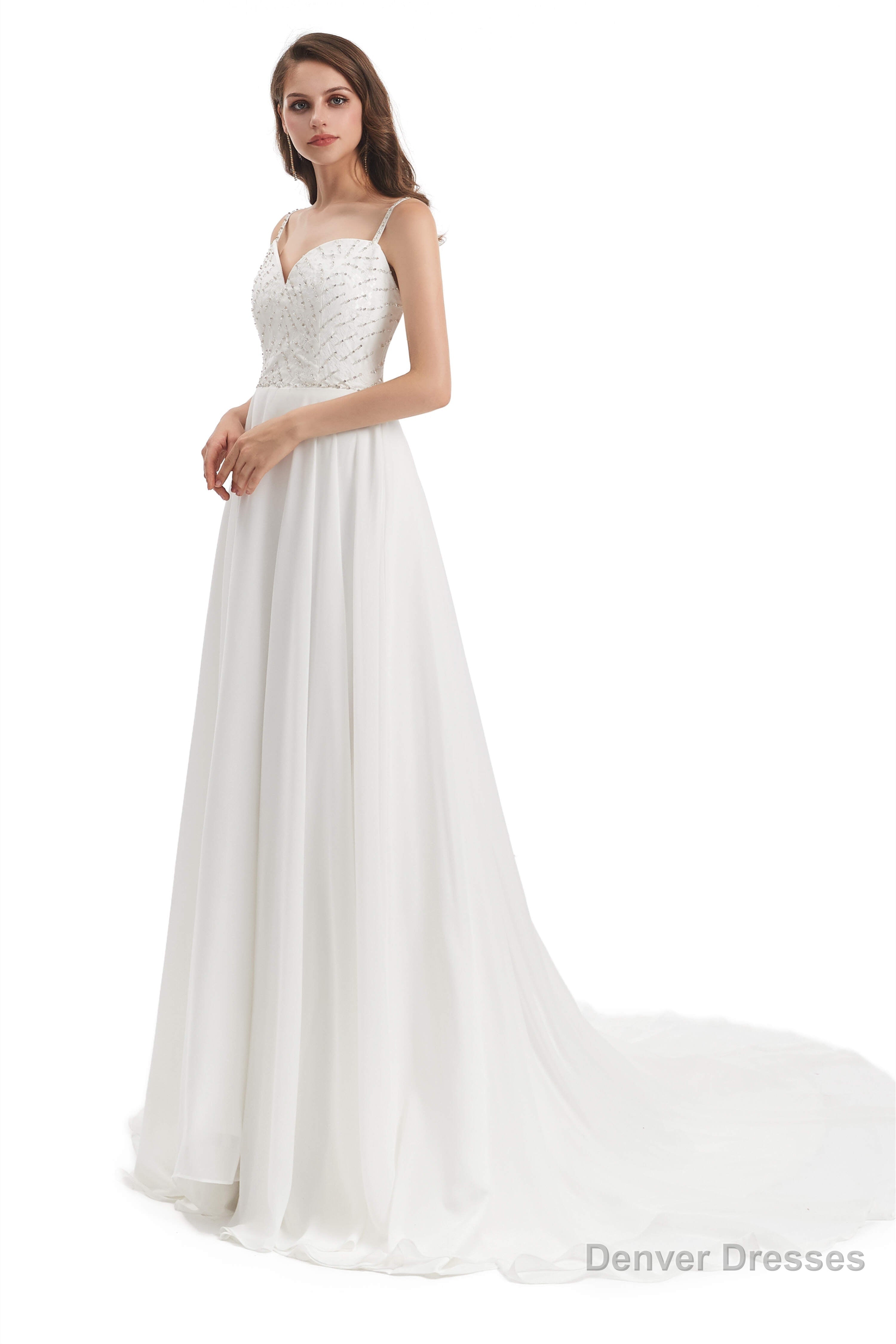 Chiffon Lace Spaghetti Straps Beading Wedding Dresses