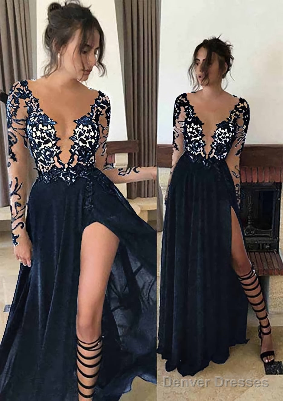 Chiffon Long/Floor-Length A-Line/Princess Full/Long Sleeve Bateau Zipper Up At Side Prom Dresses With Appliqued