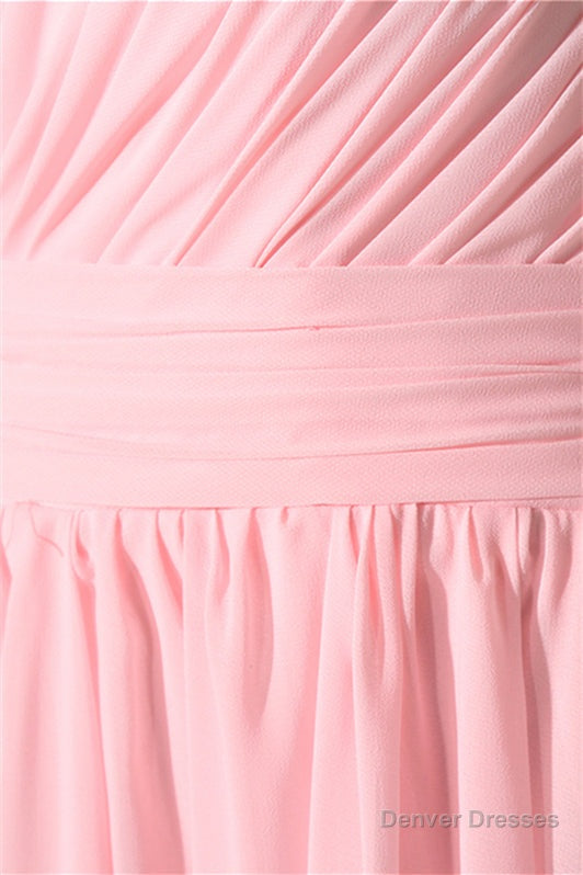 Chiffon Pink One Shoulder Long Bridesmaid Dresses