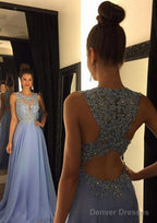 Chiffon Prom Dresses A-Line/Princess Scoop Neck Sweep Train With Appliqued Beaded