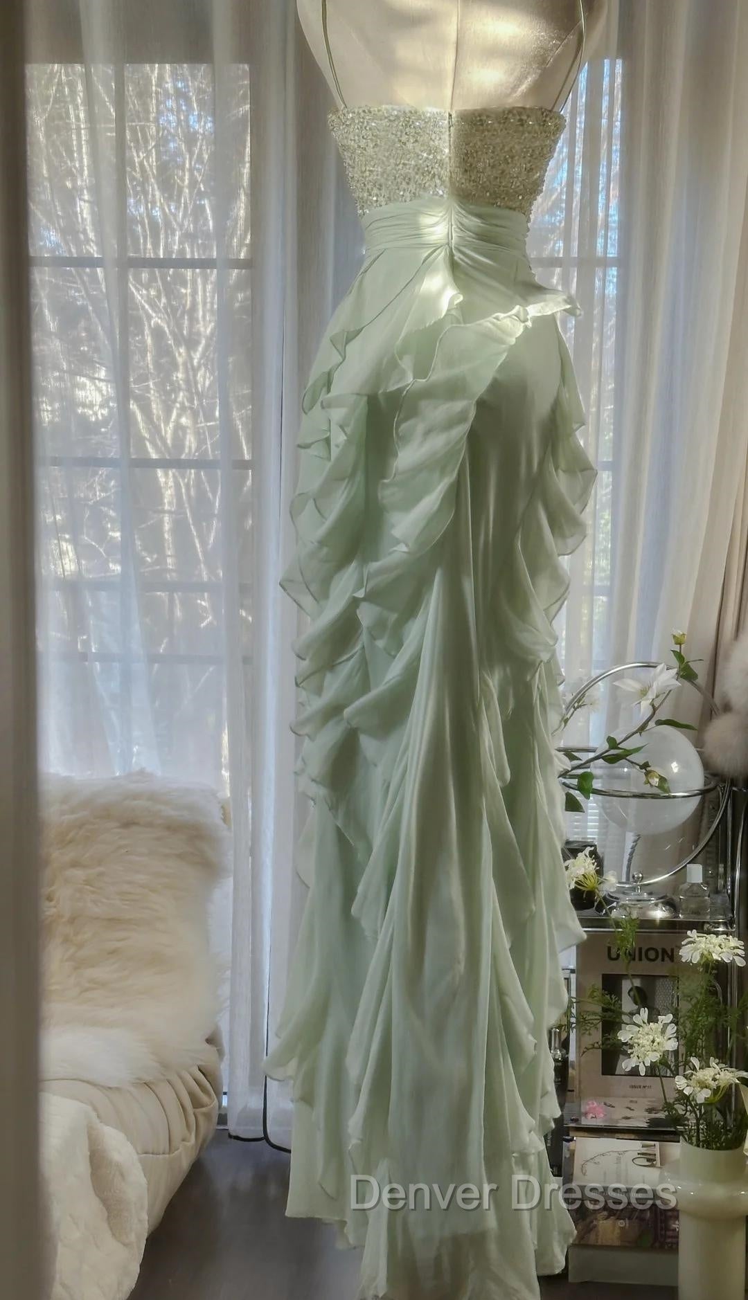 Chiffon Sheath Spaghetti Strap Ruffled Prom Dress With Beading Evening Dress