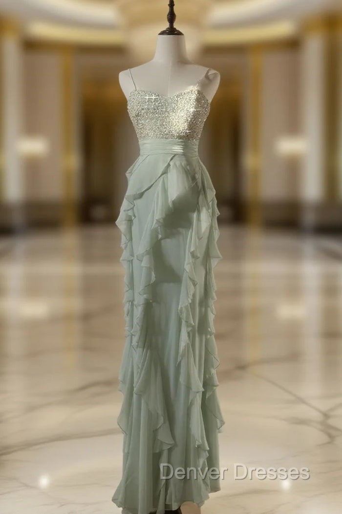 Chiffon Sheath Spaghetti Strap Ruffled Prom Dress With Beading Evening Dress Main image