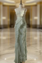 Chiffon Sheath Spaghetti Strap Ruffled Prom Dress With Beading Evening Dress