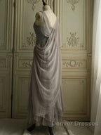 Chiffon Spaghetti Straps Transparent Beads Sweetheart Neck Grey Long Prom Dress