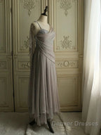 Chiffon Spaghetti Straps Transparent Beads Sweetheart Neck Grey Long Prom Dress