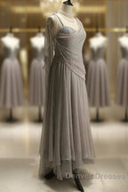 Chiffon Spaghetti Straps Transparent Beads Sweetheart Neck Grey Long Prom Dress