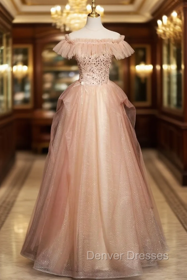 Chmpagne Pink Tulle Off the Shoulder Pearls Prom Dress Main image