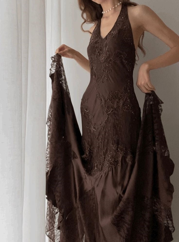 Brown Vintage Elegant Suspender Lace Spaghetti Strap Long Satin Ball Gown Evening Dress Main image