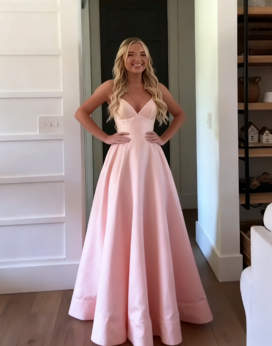 Classic A Line Spaghetti Straps Pastel Yellow Satin Long Prom Dress Formal Dress