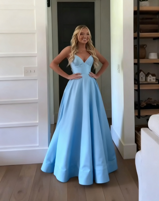 Classic A Line Spaghetti Straps Pastel Yellow Satin Long Prom Dress Formal Dress