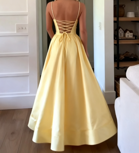 Classic A Line Spaghetti Straps Pastel Yellow Satin Long Prom Dress Formal Dress