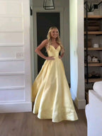 Classic A Line Spaghetti Straps Pastel Yellow Satin Long Prom Dress Formal Dress