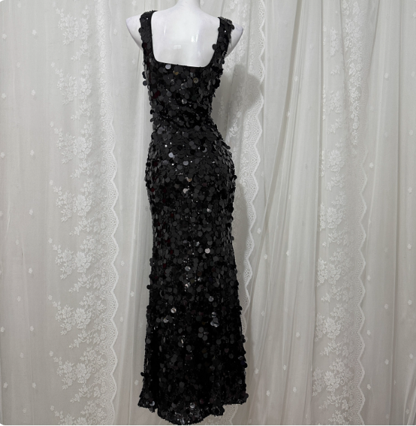 Classic Black Mermaid Square Neck Spaghetti Strap Sequin Long Prom Dress Evening Dress