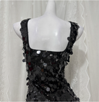 Classic Black Mermaid Square Neck Spaghetti Strap Sequin Long Prom Dress Evening Dress