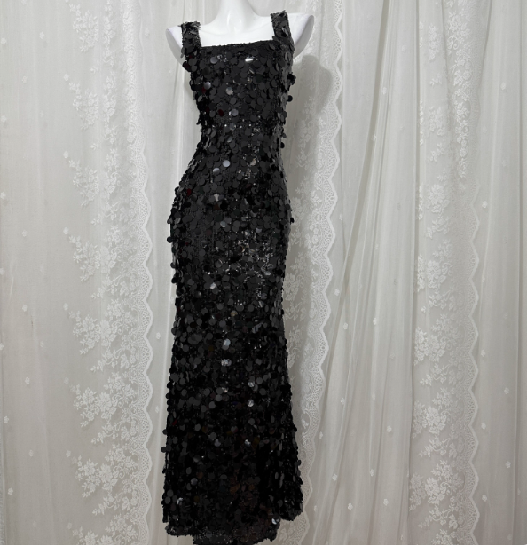 Classic Black Mermaid Square Neck Spaghetti Strap Sequin Long Prom Dress Evening Dress Main image