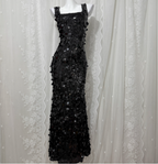 Classic Black Mermaid Square Neck Spaghetti Strap Sequin Long Prom Dress Evening Dress