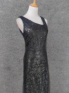 Classic Black Slim-Fit Asymmetric Neck Sequin Tulle Long Prom Dress Evening Dress