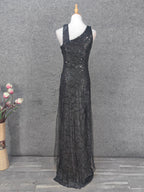 Classic Black Slim-Fit Asymmetric Neck Sequin Tulle Long Prom Dress Evening Dress