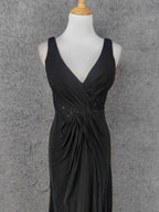 Classic Black V-Neck Sleeveless Open Back Lace Chiffon Long Prom Dress Evening Dress