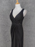 Classic Black V-Neck Sleeveless Open Back Lace Chiffon Long Prom Dress Evening Dress