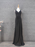 Classic Black V-Neck Sleeveless Open Back Lace Chiffon Long Prom Dress Evening Dress