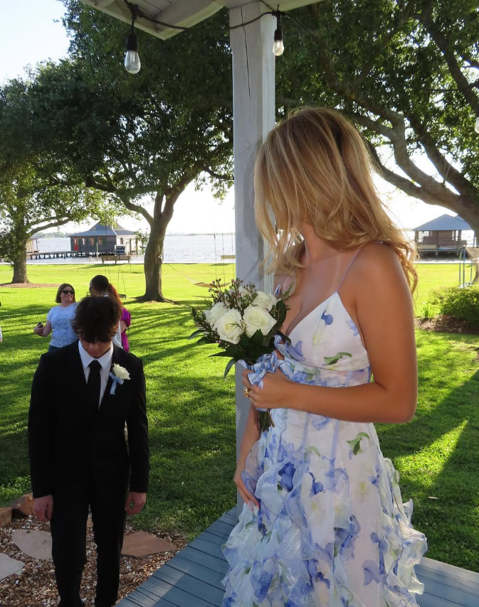 Classic Blue Floral Prom Dress Long Evening Gown