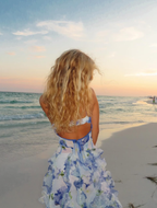 Classic Blue Floral Prom Dress Long Evening Gown