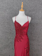 Classic Burgundy Mermaid Spaghetti Strap V-Neck Embroidered Satin Long Prom Dress Evening Dress