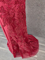 Classic Burgundy Mermaid Spaghetti Strap V-Neck Embroidered Satin Long Prom Dress Evening Dress