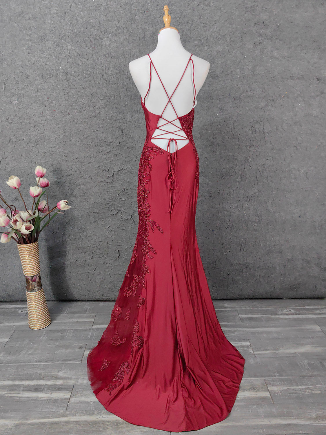 Classic Burgundy Mermaid Spaghetti Strap V-Neck Embroidered Satin Long Prom Dress Evening Dress