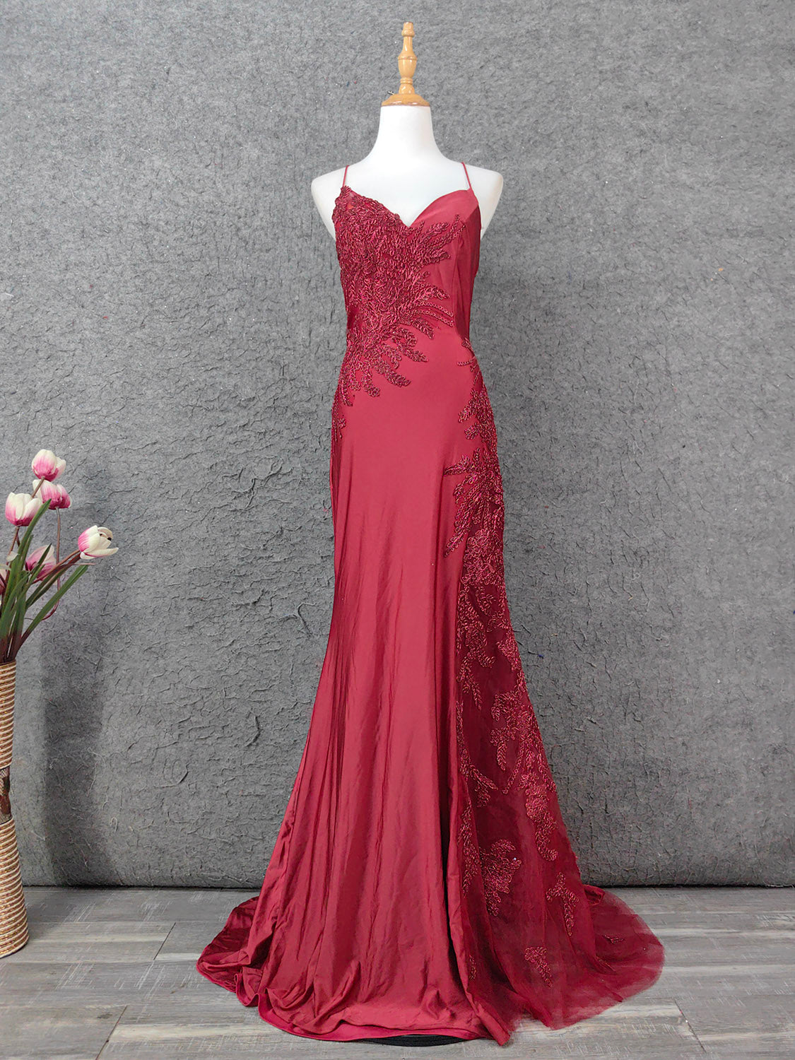 Classic Burgundy Mermaid Spaghetti Strap V-Neck Embroidered Satin Long Prom Dress Evening Dress Main image