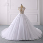 Classic Cap sleeves V neck White Ball Gown Lace Wedding Dress