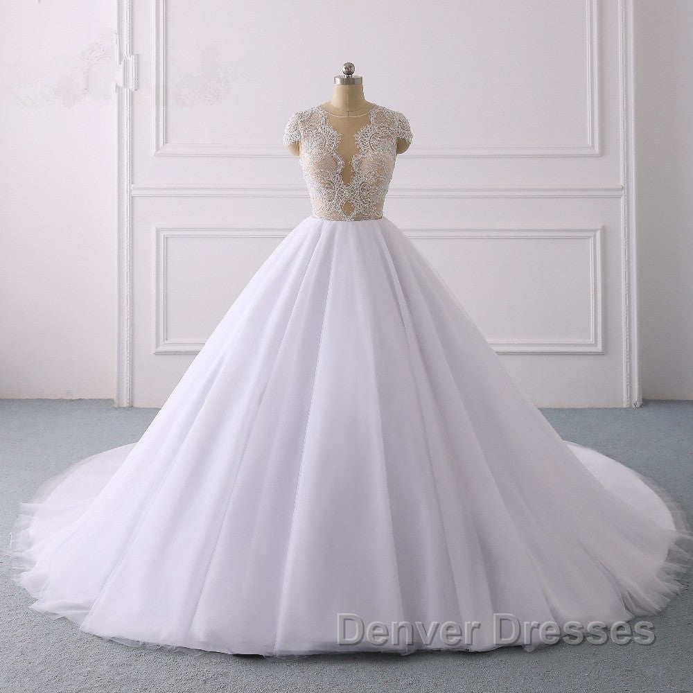 Classic Cap sleeves V neck White Ball Gown Lace Wedding Dress